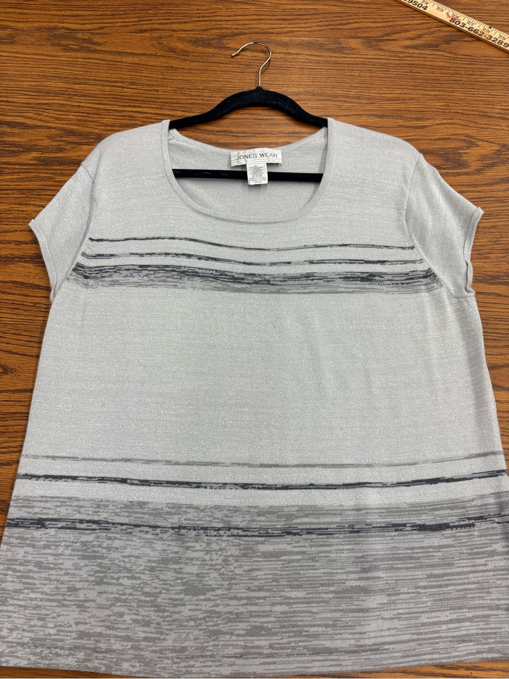 Jones Wear Silver Gray Striped Scoop Neck Short Sleeve Top